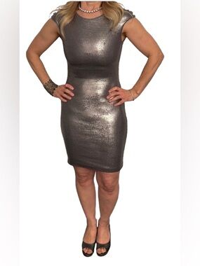 Edgy Metallic Pewter Sequin Bodycon Dress With Bold Mid Back Zipper